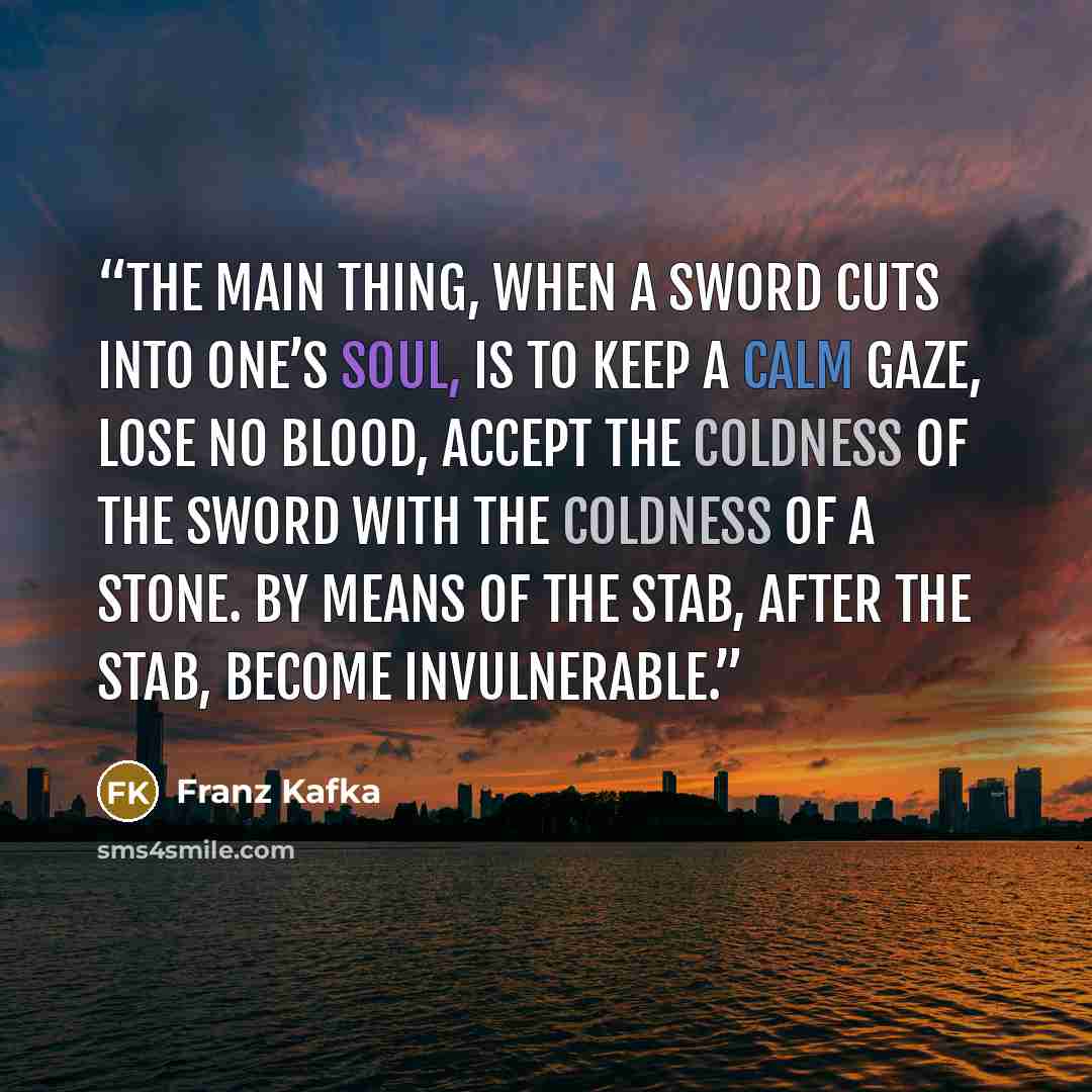 “The main thing, when a sword cuts into one’s soul, is to keep a calm gaze, lose no blood, accept the coldness of the sword with the coldness of a stone. By means of the stab, after the stab, become invulnerable.” quote by Franz Kafka