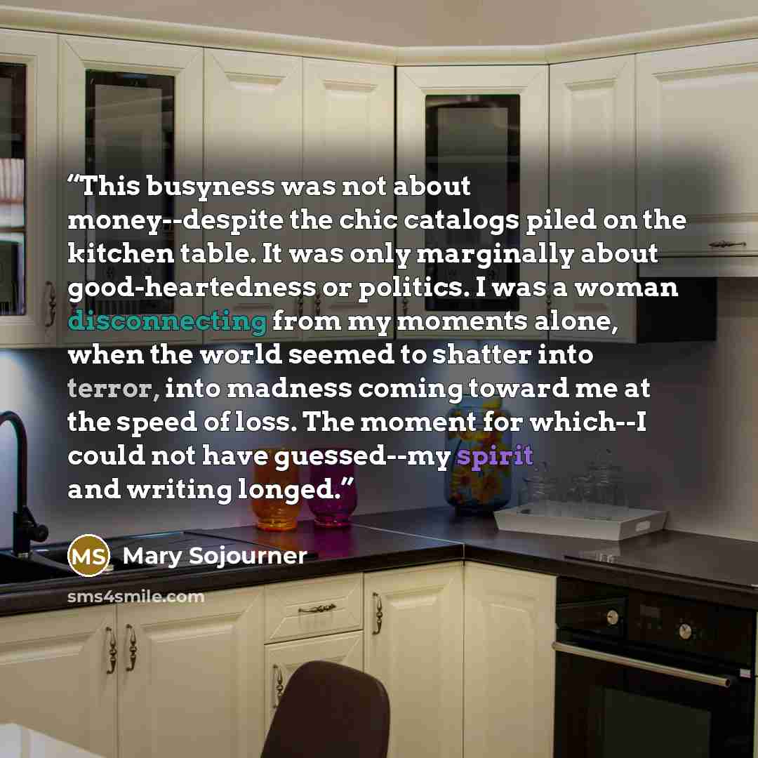 “This busyness was not about money--despite the chic catalogs piled on the kitchen table. It was only marginally about good-heartedness or politics. I was a woman disconnecting from my moments alone, when the world seemed to shatter into terror, into madness coming toward me at the speed of loss…” quote by Mary Sojourner
