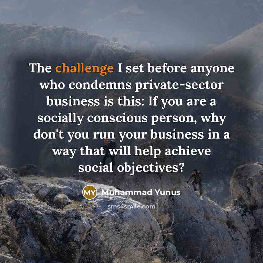 “The challenge I set before anyone who condemns private-sector business…” quote by Muhammad Yunus
