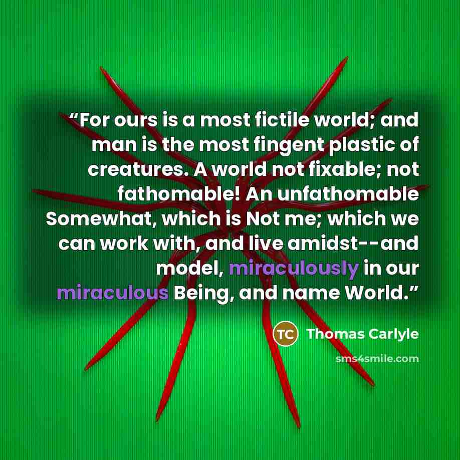 “For ours is a most fictile world; and man is the most fingent plastic of creatures. A world not fixable; not fathomable! An unfathomable Somewhat, which is Not me; which we can work with, and live amidst--and model, miraculously in our miraculous Being, and name World.” quote by Thomas Carlyle