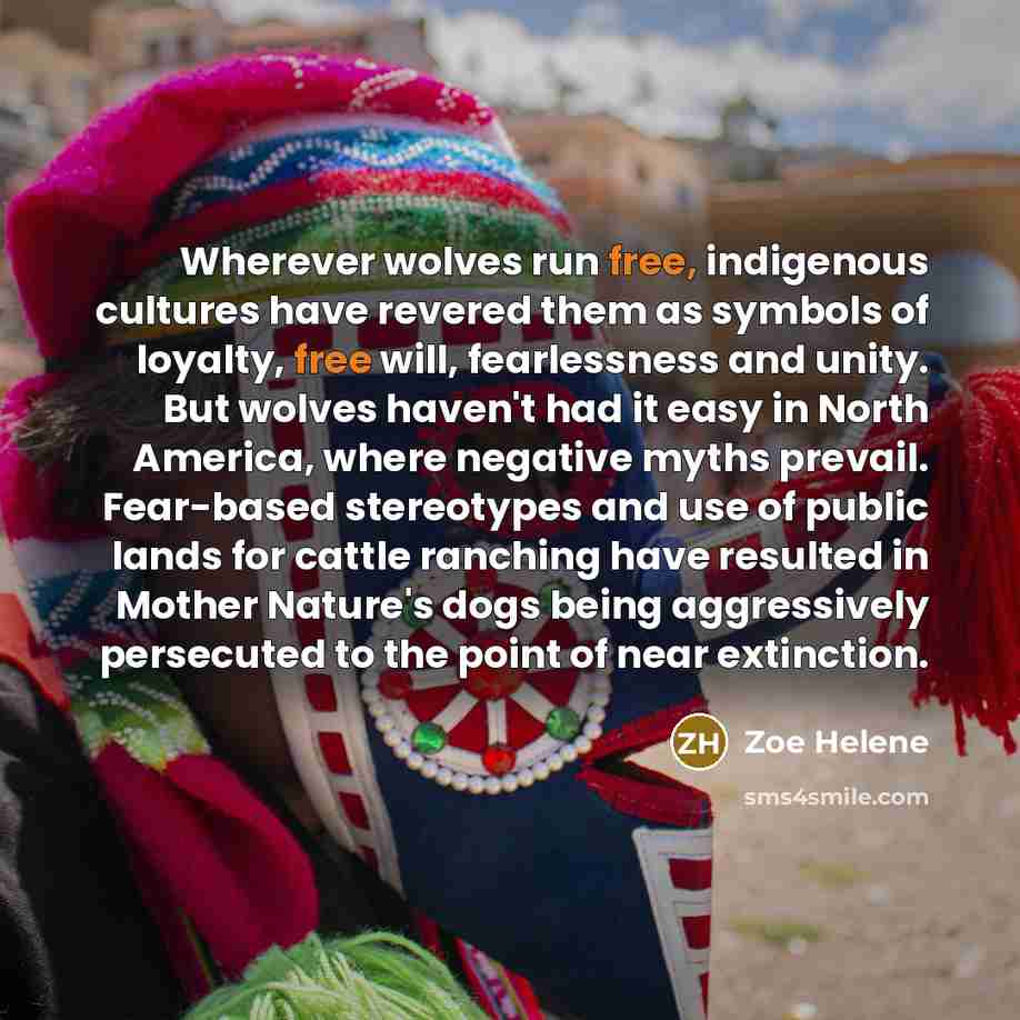 “Wherever wolves run free, indigenous cultures have revered them as…” quote by Zoe Helene