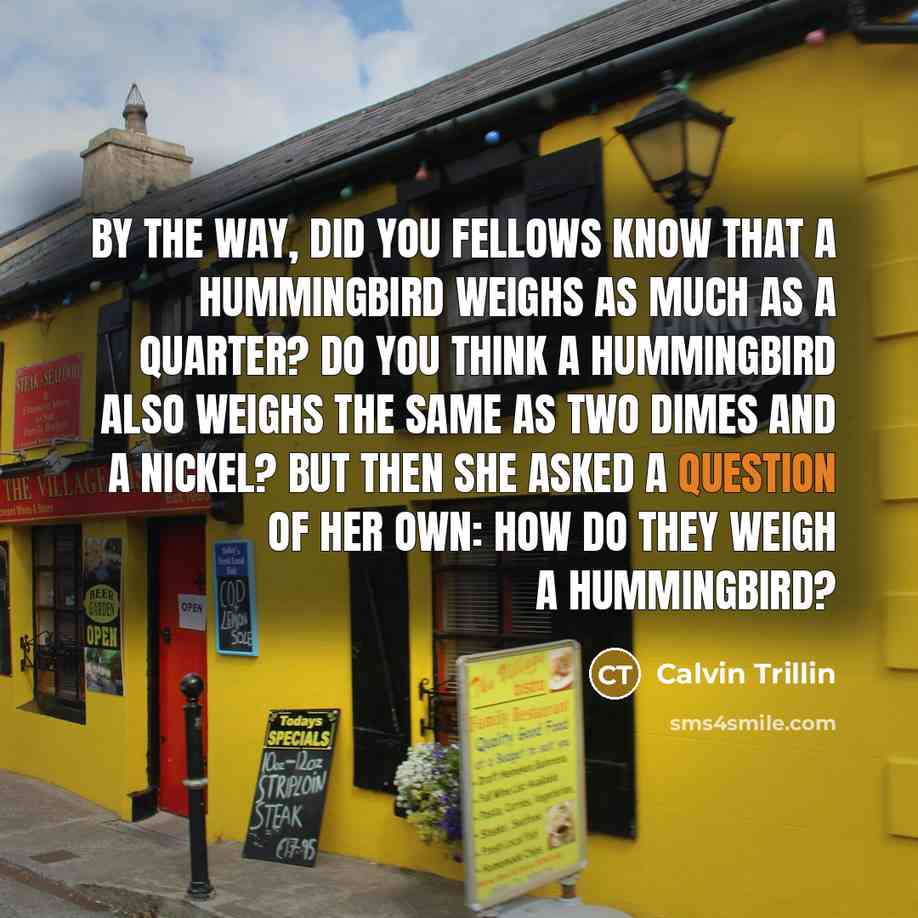 “By the way, did you fellows know that a hummingbird weighs as much as a quarter? Do you think a hummingbird also weighs the same as two dimes and a nickel? But then she asked a question of her own: How do they weigh a hummingbird?” quote by Calvin Trillin