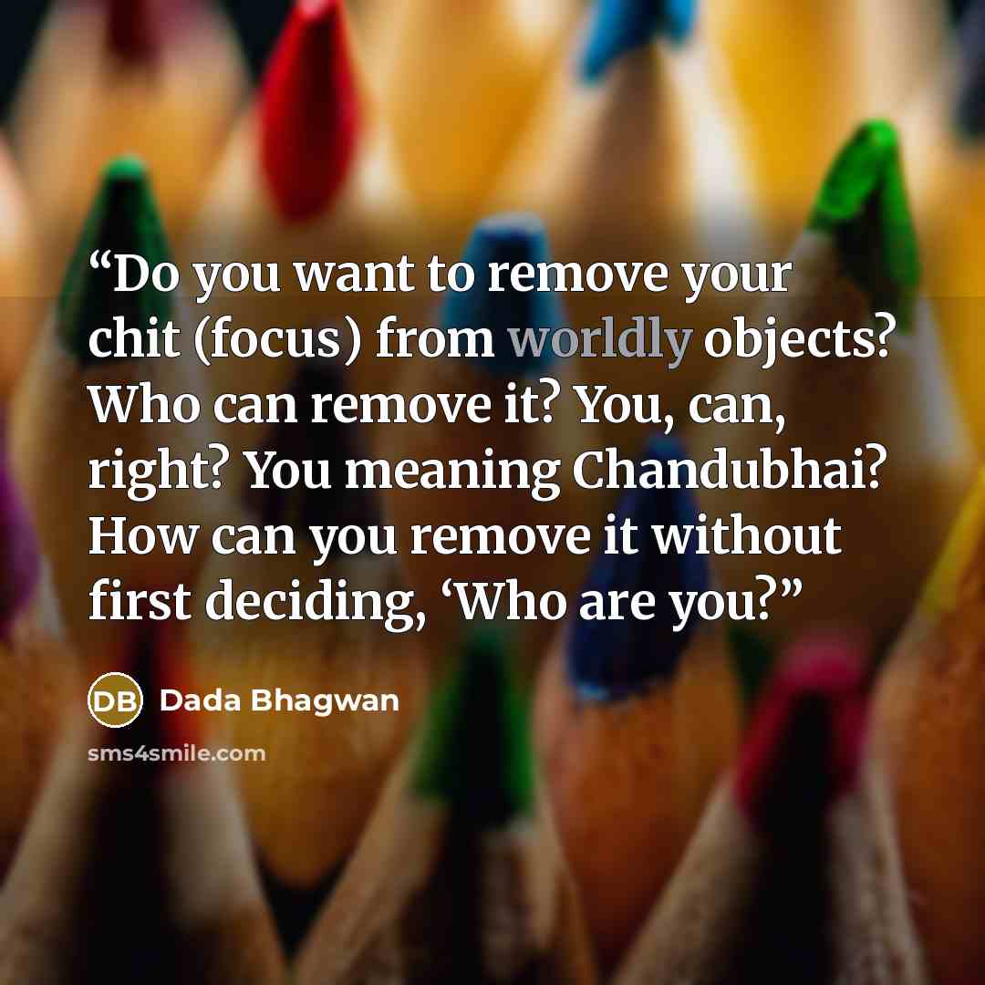 “Do you want to remove your chit (focus) from worldly objects? Who can remove it? You, can, right? You meaning Chandubhai? How can you remove it without first deciding, ‘Who are you?” quote by Dada Bhagwan