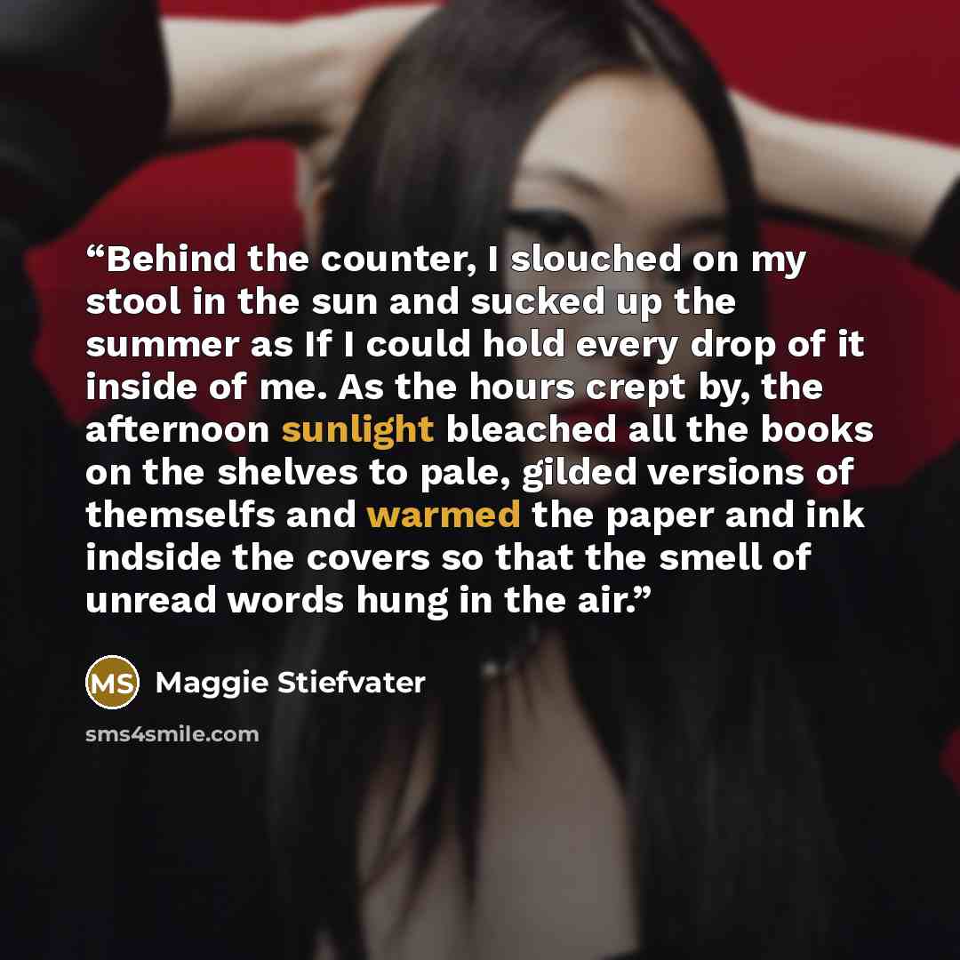 “Behind the counter, I slouched on my stool in the sun and sucked up the summer as If I could hold every drop of it inside of me. As the hours crept by, the afternoon sunlight bleached all the books on the shelves to pale, gilded versions of themselfs and warmed the paper and ink indside the covers…” quote by Maggie Stiefvater