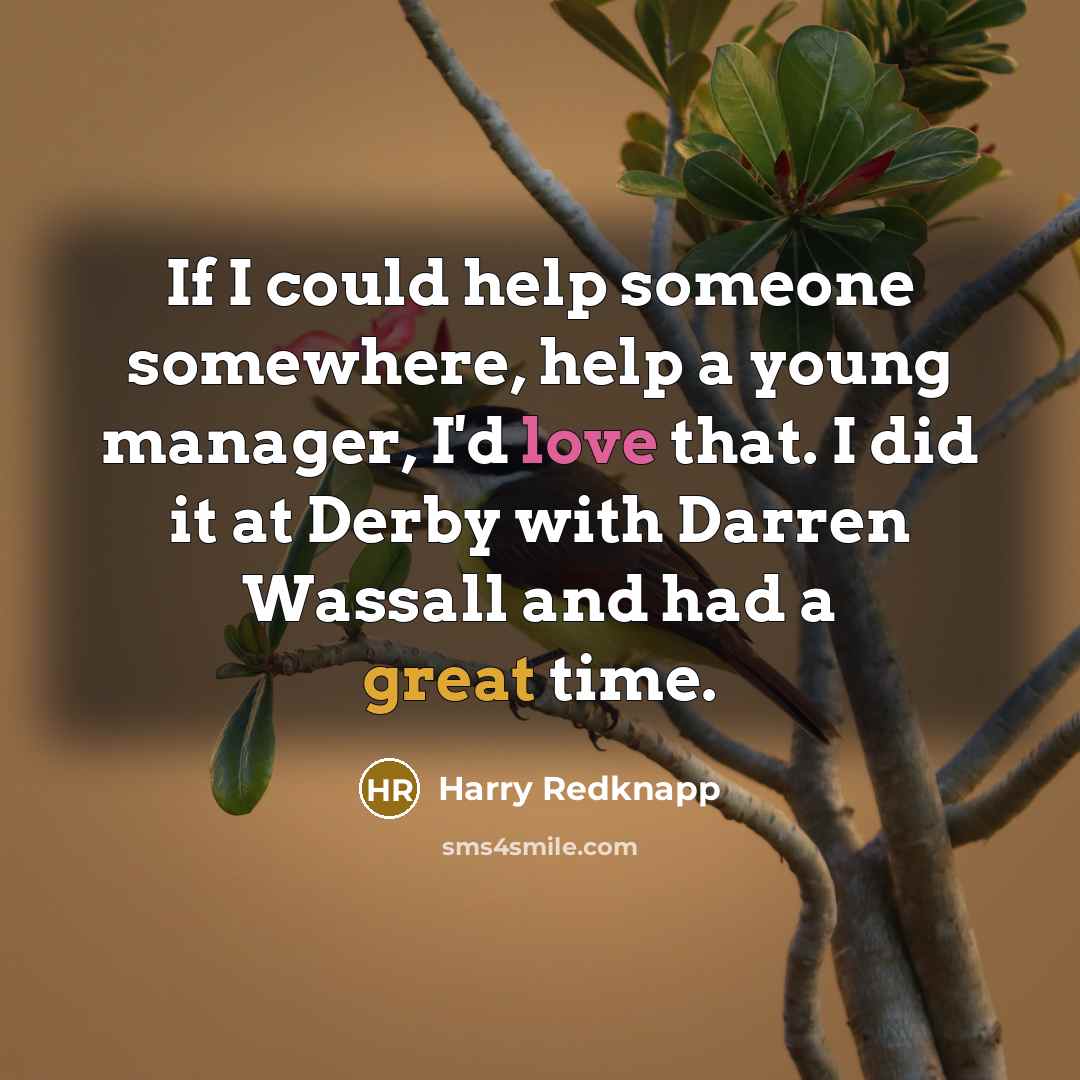 “If I could help someone somewhere, help a young manager, I'd love that. I did it at Derby with Darren Wassall and had a great time.” quote by Harry Redknapp