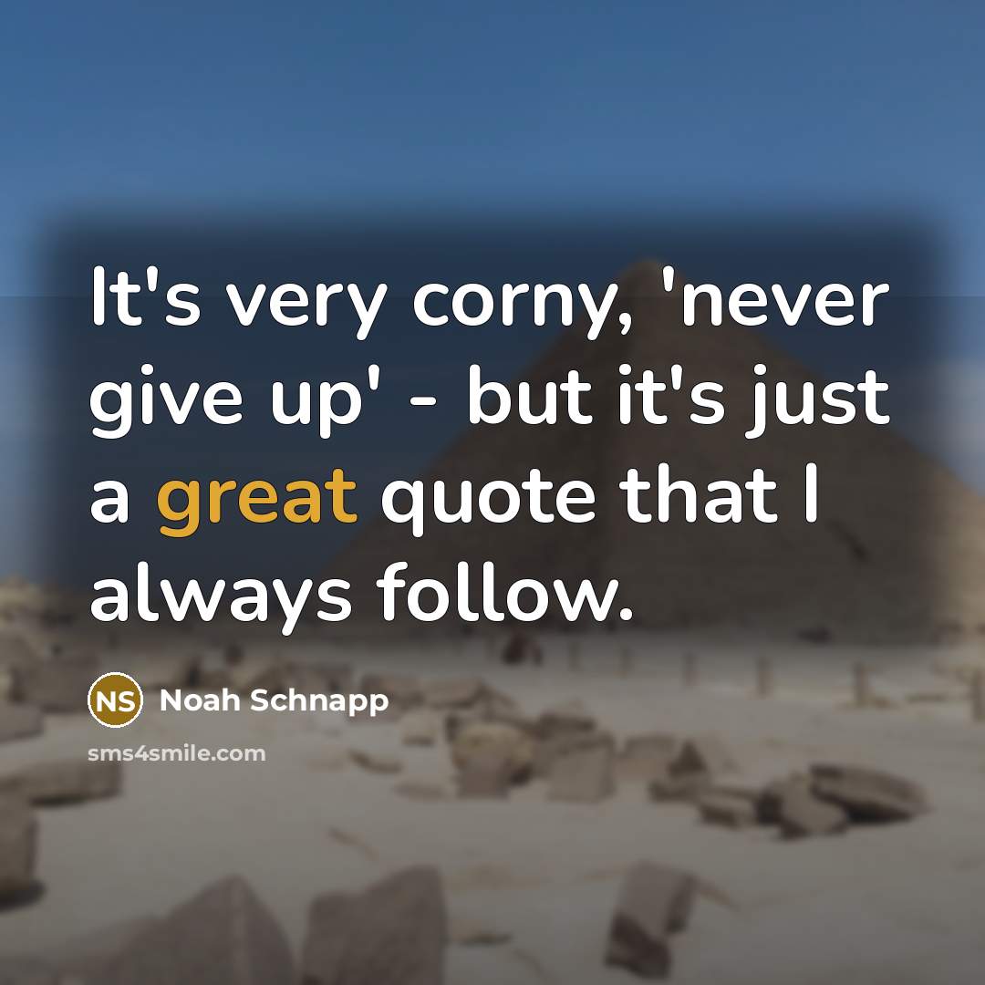“It's very corny, 'never give up' - but it's just…” quote by Noah Schnapp