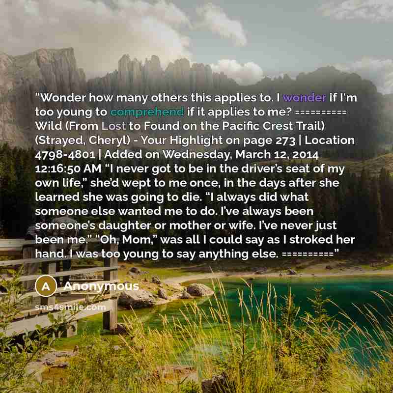 “Wonder how many others this applies to. I wonder if I'm too young to comprehend if it applies to me? ========== Wild (From Lost to Found on the Pacific Crest Trail) (Strayed, Cheryl) - Your Highlight on page 273 | Location 4798-4801 | Added on Wednesday, March 12, 2014 12:16:50 AM “I never got to…” quote by Anonymous