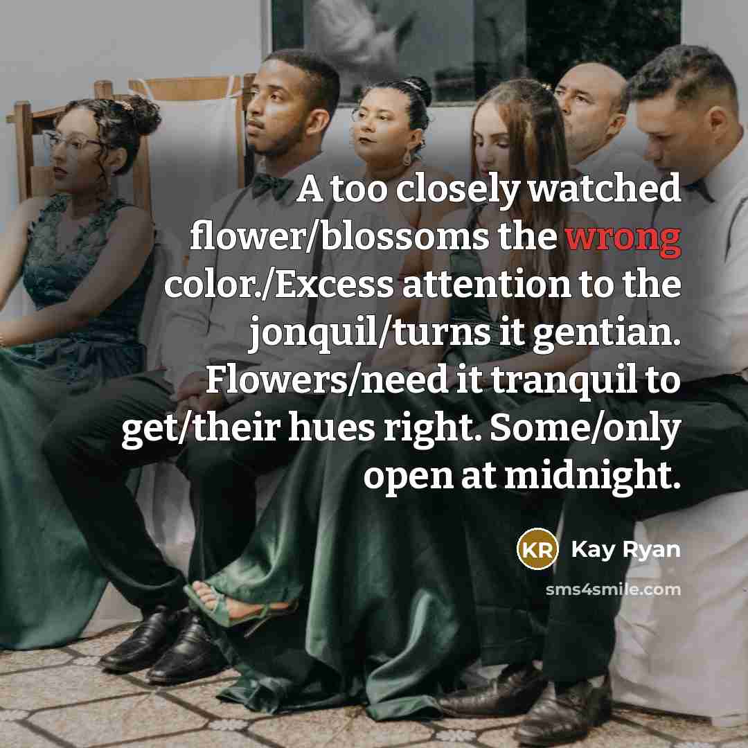 “A too closely watched flower/blossoms the wrong color./Excess attention to…” quote by Kay Ryan
