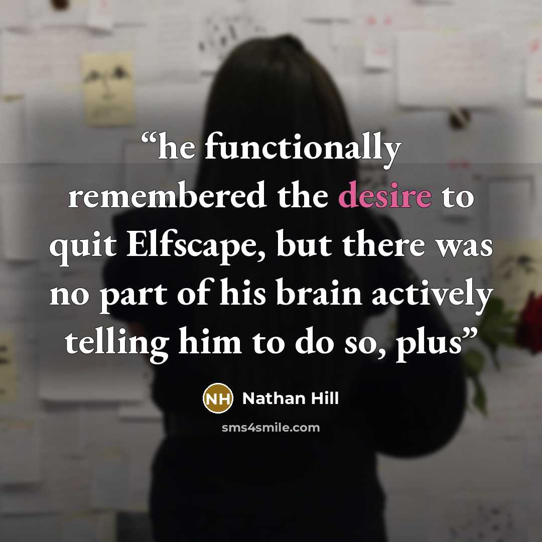 “he functionally remembered the desire to quit Elfscape, but there was no part of his brain actively telling him to do so, plus” quote by Nathan Hill
