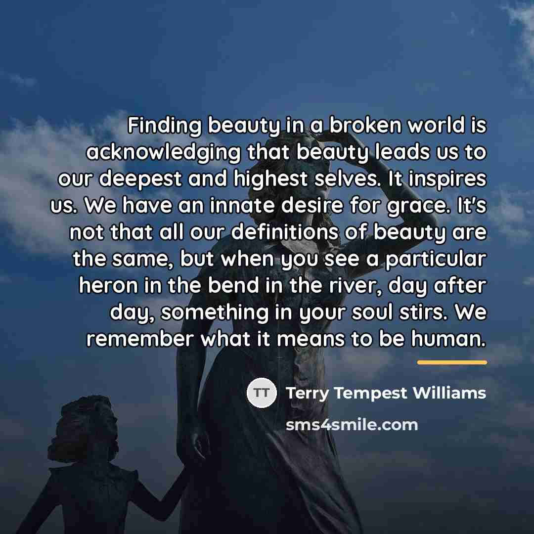 “Finding beauty in a broken world is acknowledging that beauty…” quote by Terry Tempest Williams