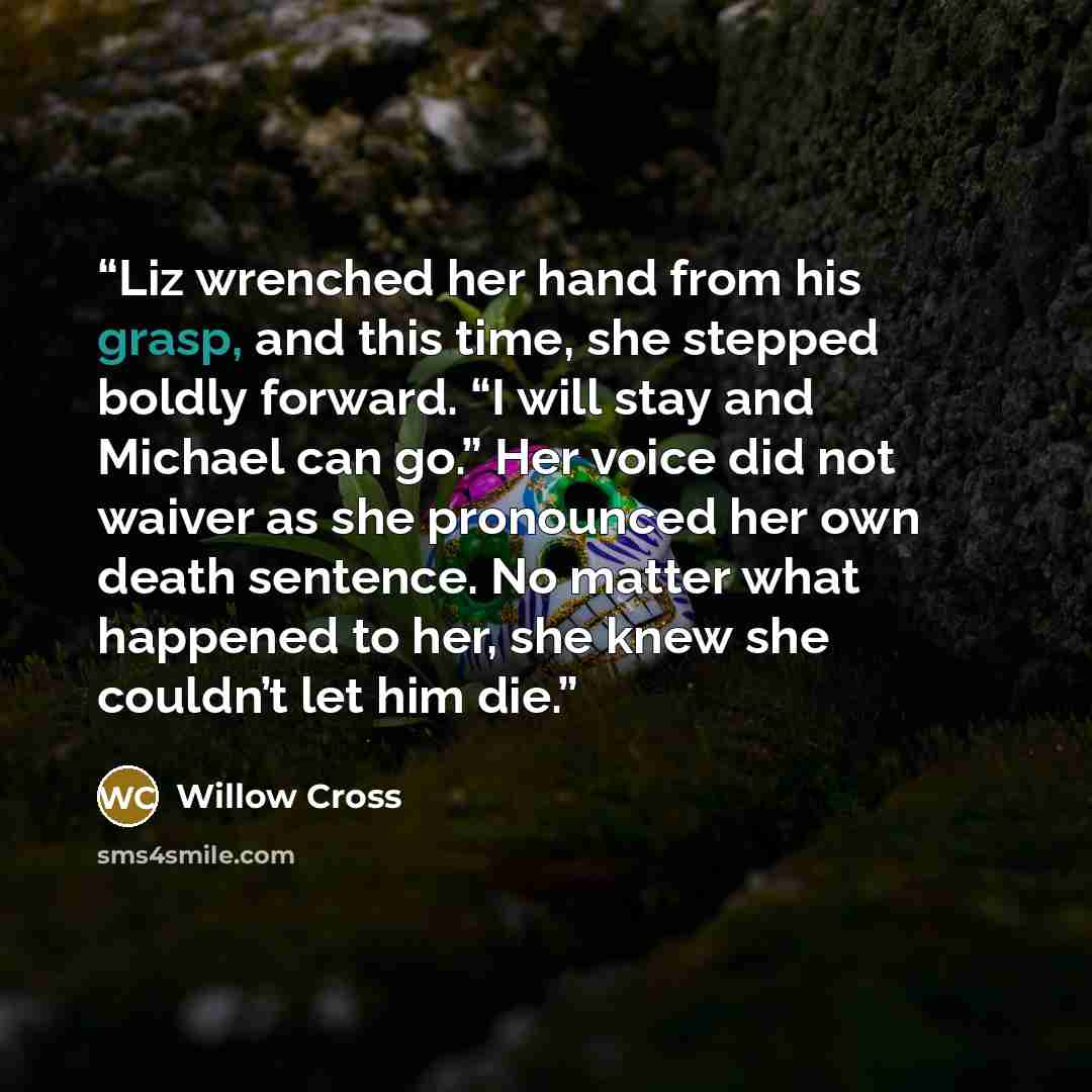 “Liz wrenched her hand from his grasp, and this time, she stepped boldly forward. “I will stay and Michael can go.” Her voice did not waiver as she pronounced her own death sentence. No matter what happened to her, she knew she couldn’t let him die.” quote by Willow Cross