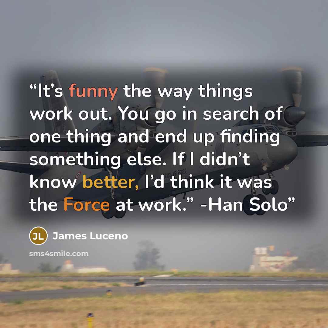“It’s funny the way things work out. You go in search of one thing and end up finding something else. If I didn’t know better, I’d think it was the Force at work.” -Han Solo” quote by James Luceno