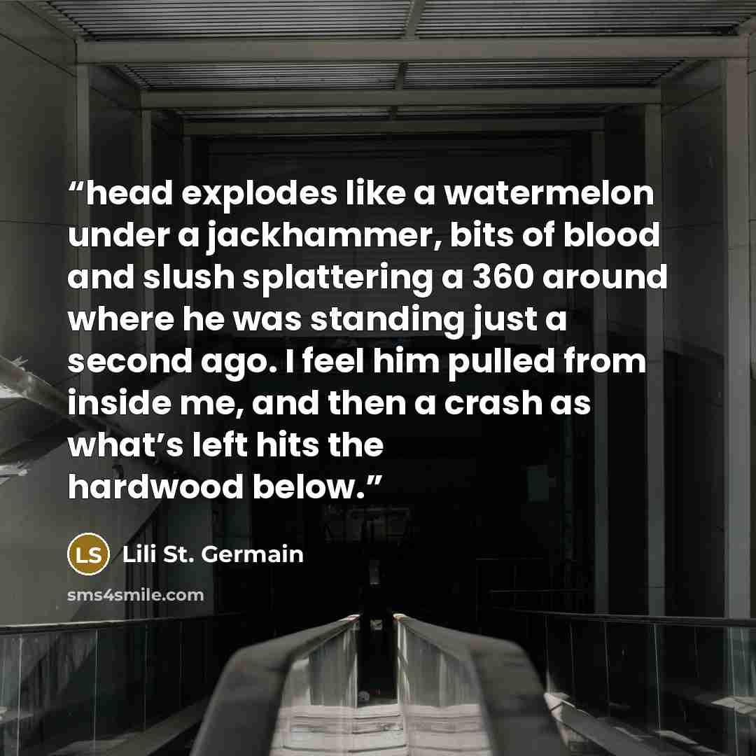 “head explodes like a watermelon under a jackhammer, bits of blood and slush splattering a 360 around where he was standing just a second ago. I feel him pulled from inside me, and then a crash as what’s left hits the hardwood below.” quote by Lili St. Germain