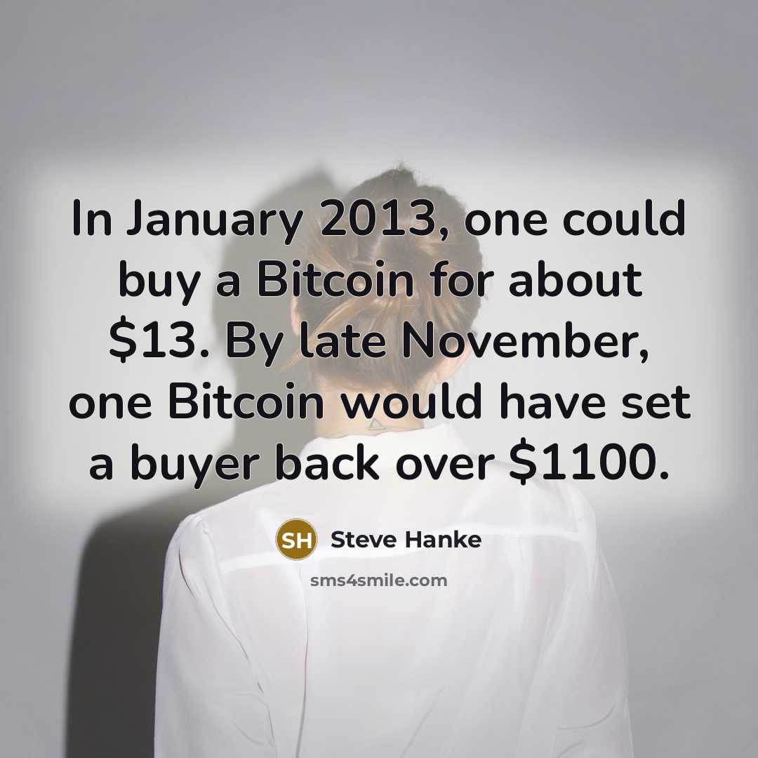 “In January 2013, one could buy a Bitcoin for about…” quote by Steve Hanke