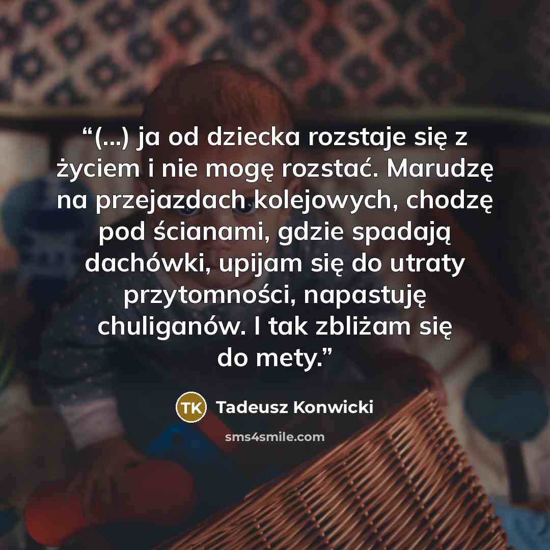 “(...) ja od dziecka rozstaje się z życiem i nie mogę rozstać. Marudzę na przejazdach kolejowych, chodzę pod ścianami, gdzie spadają dachówki, upijam się do utraty przytomności, napastuję chuliganów. I tak zbliżam się do mety.” quote by Tadeusz Konwicki