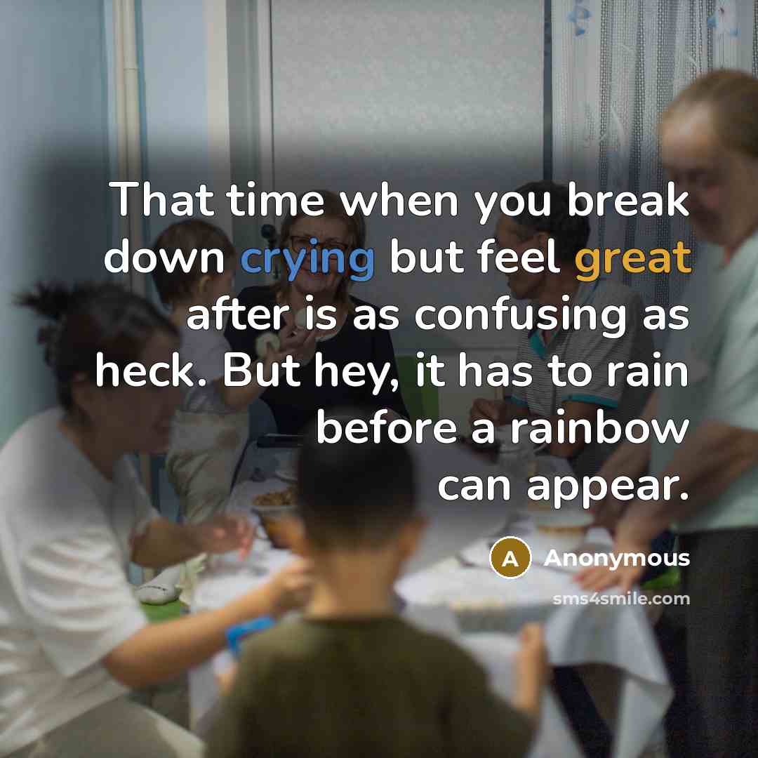 “That time when you break down crying but feel great after is as confusing as heck. But hey, it has to rain before a rainbow can appear.” quote by Anonymous