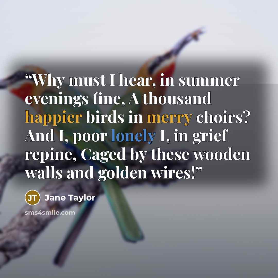 “Why must I hear, in summer evenings fine, A thousand happier birds in merry choirs? And I, poor lonely I, in grief repine, Caged by these wooden walls and golden wires!” quote by Jane Taylor