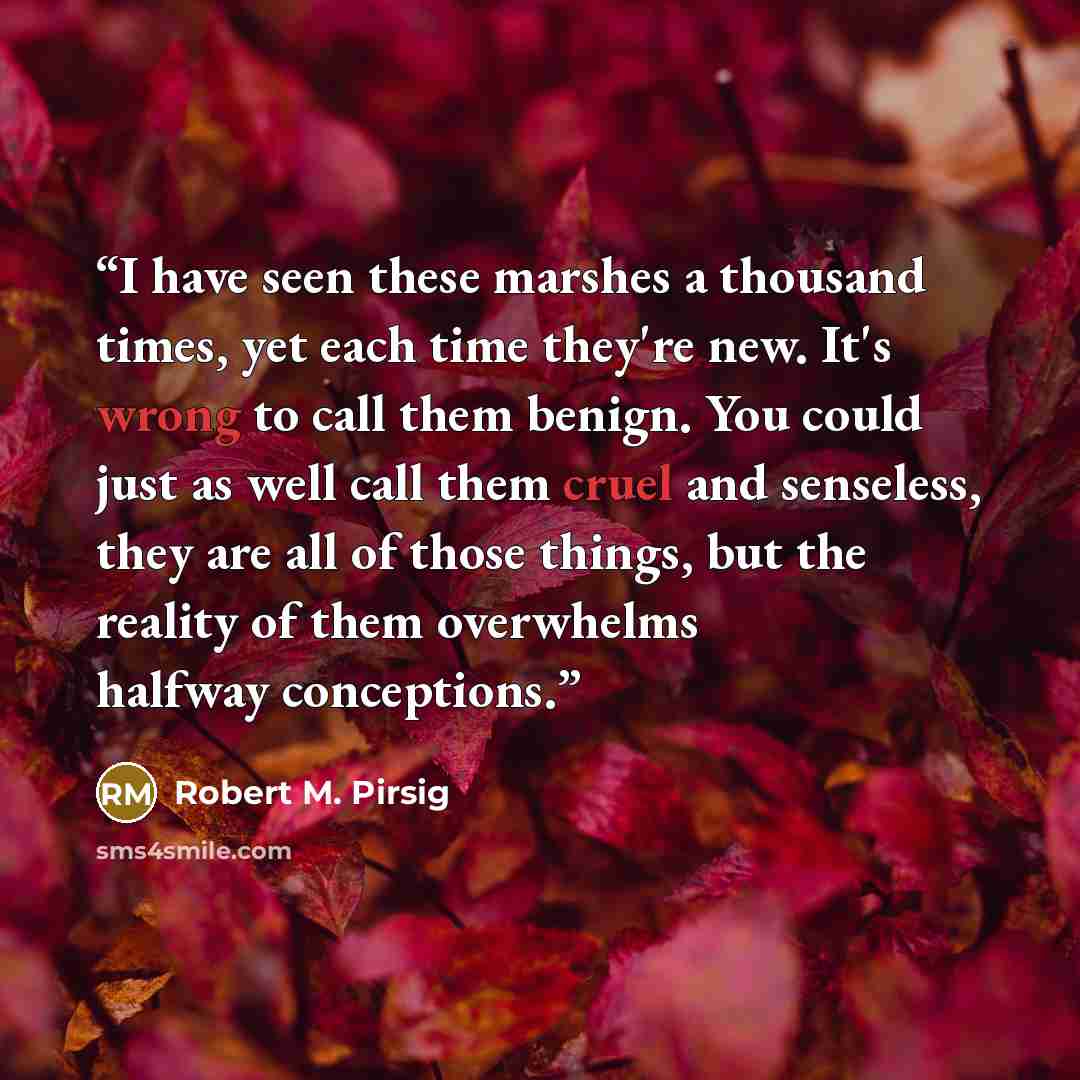 “I have seen these marshes a thousand times, yet each time they're new. It's wrong to call them benign. You could just as well call them cruel and senseless, they are all of those things, but the reality of them overwhelms halfway conceptions.” quote by Robert M. Pirsig