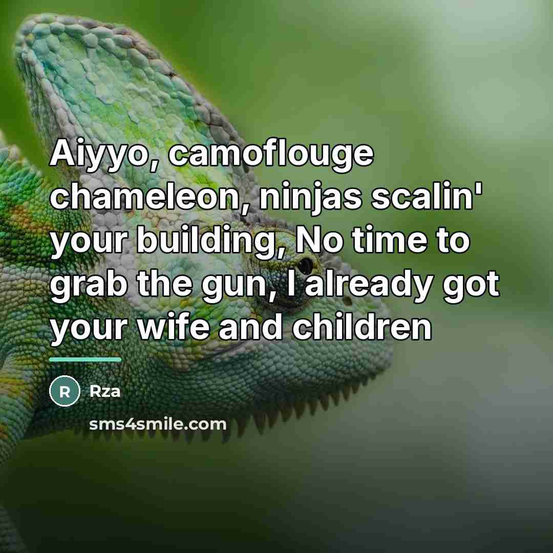 “Aiyyo, camoflouge chameleon, ninjas scalin' your building, No time to…” quote by RZA
