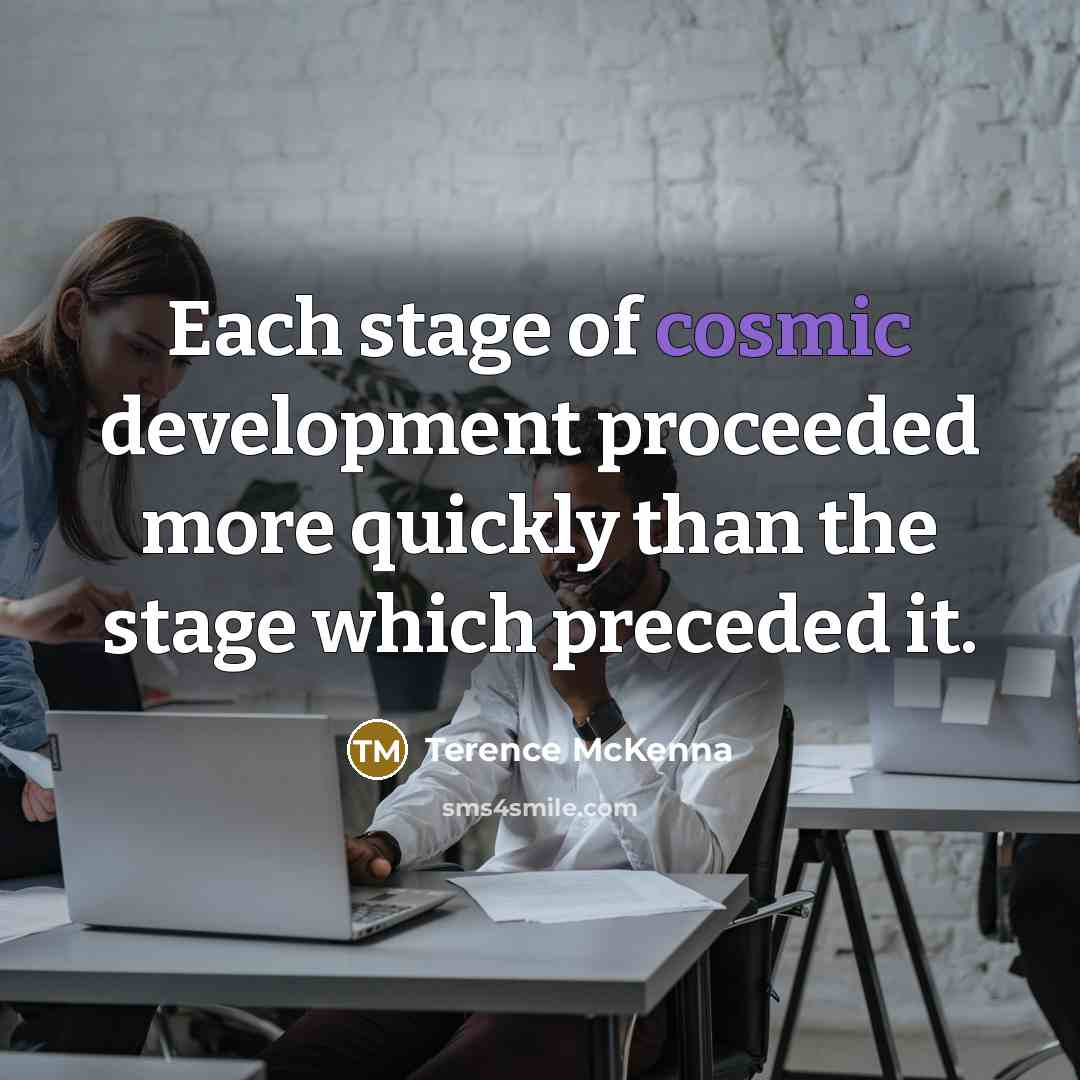 “Each stage of cosmic development proceeded more quickly than the…” quote by Terence McKenna