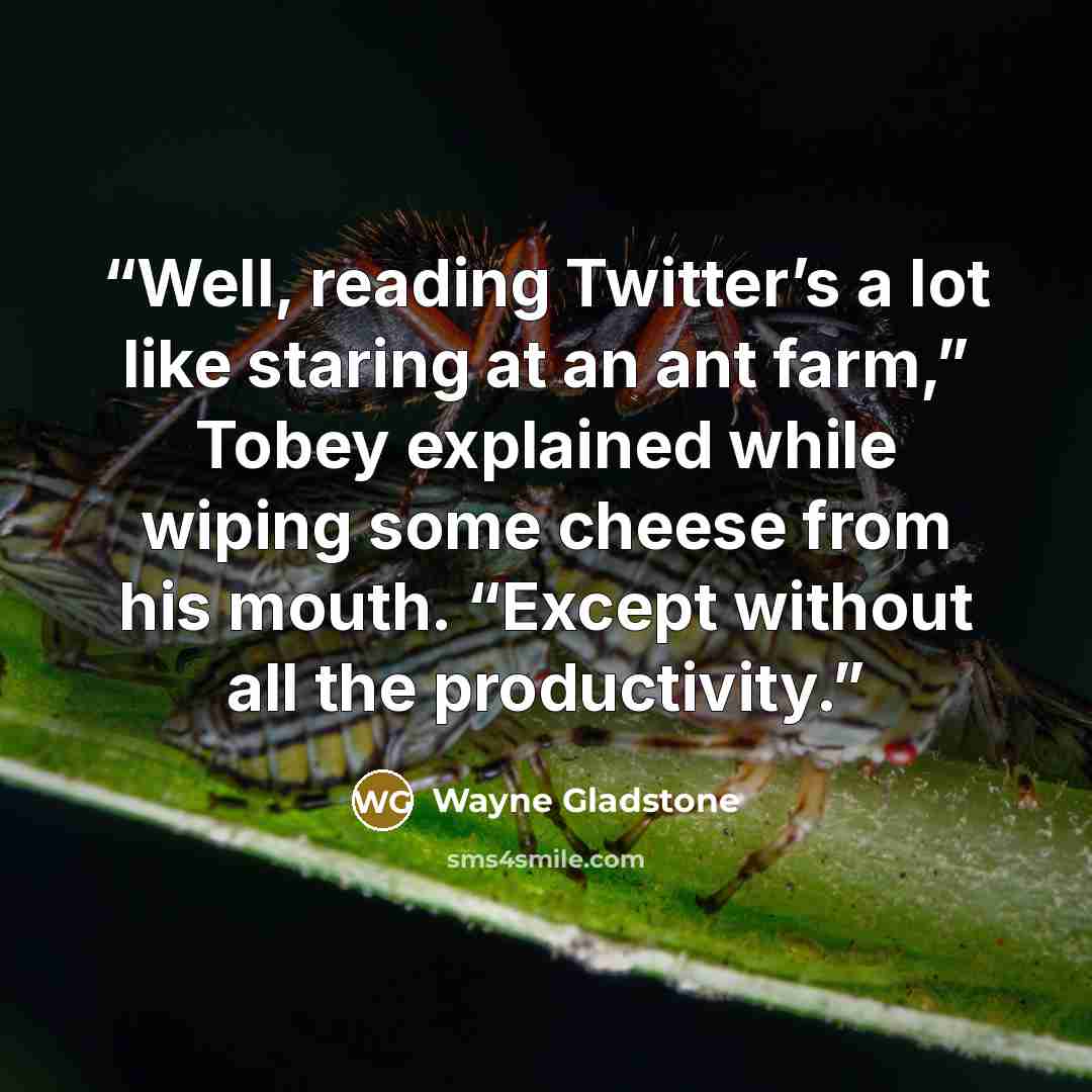 “Well, reading Twitter’s a lot like staring at an ant farm,” Tobey explained while wiping some cheese from his mouth. “Except without all the productivity.” quote by Wayne Gladstone