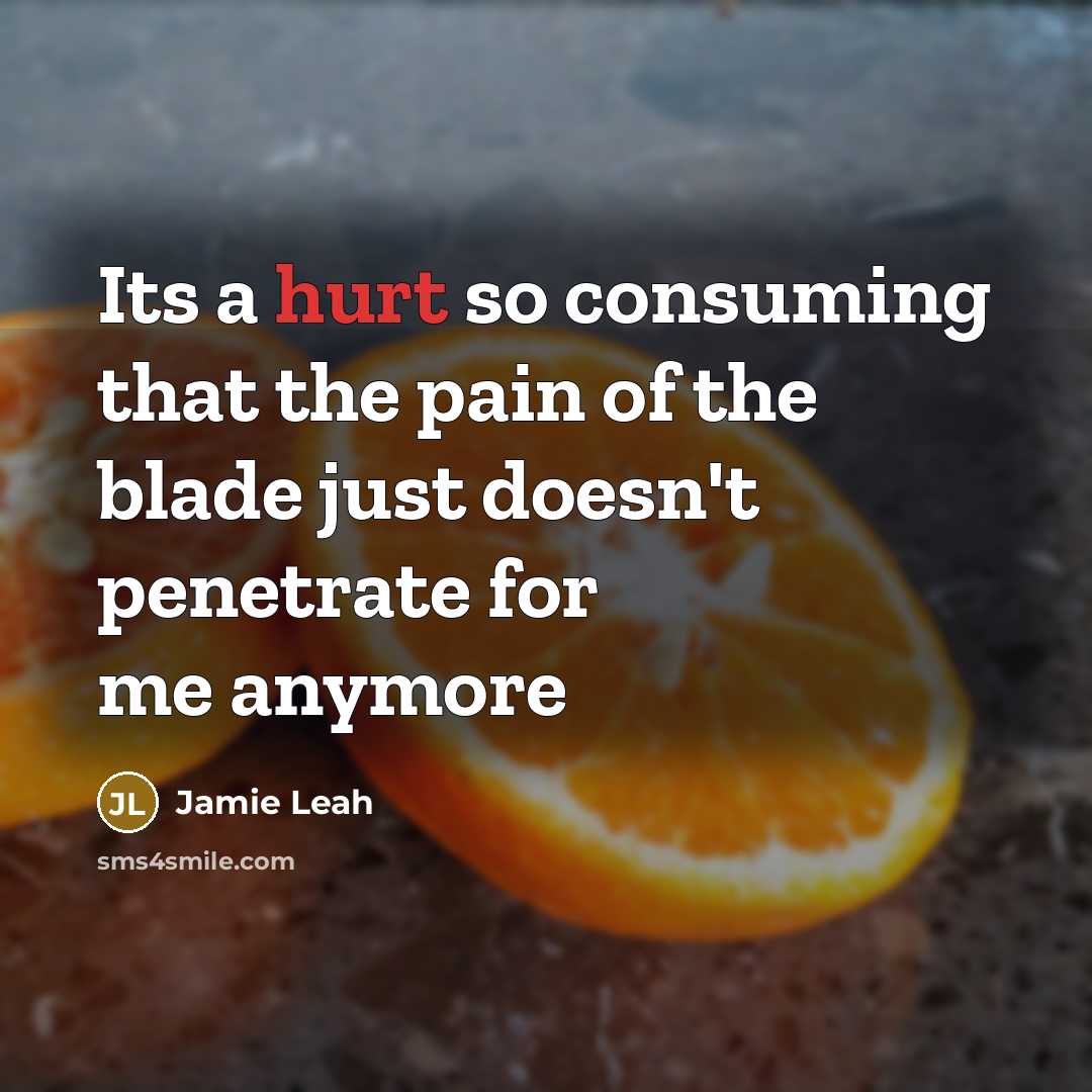 “Its a hurt so consuming that the pain of the blade just doesn't penetrate for me anymore” quote by Jamie Leah