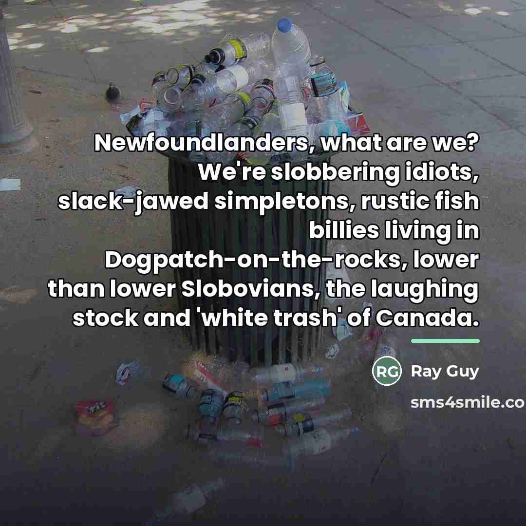“Newfoundlanders, what are we? We're slobbering idiots, slack-jawed simpletons, rustic…” quote by Ray Guy