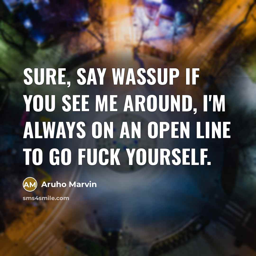“Sure, say wassup if you see me around, I'm always on an open line to go fuck yourself.” quote by Aruho Marvin