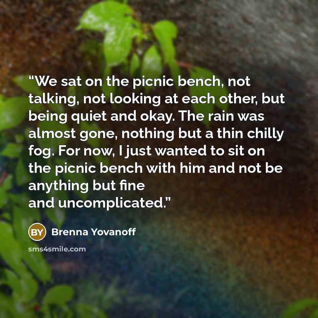 “We sat on the picnic bench, not talking, not looking at each other, but being quiet and okay. The rain was almost gone, nothing but a thin chilly fog. For now, I just wanted to sit on the picnic bench with him and not be anything but fine and uncomplicated.” quote by Brenna Yovanoff
