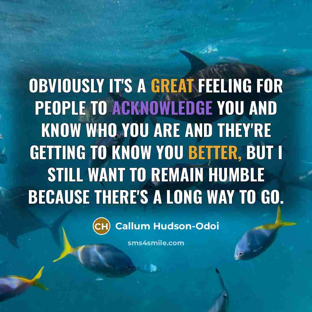 “Obviously it's a great feeling for people to acknowledge you and know who you are and they're getting to know you better, but I still want to remain humble because there's a long way to go.” quote by Callum Hudson-Odoi