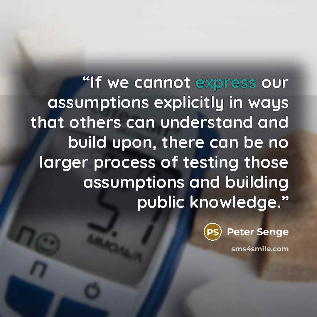 “If we cannot express our assumptions explicitly in ways that others can understand and build upon, there can be no larger process of testing those assumptions and building public knowledge.” quote by Peter Senge