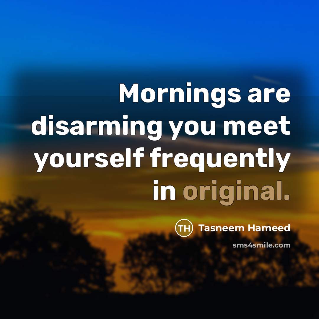 “Mornings are disarming you meet yourself frequently in original.” quote by Tasneem Hameed