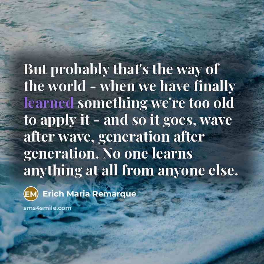 “But probably that's the way of the world - when we have finally learned something we're too old to apply it - and so it goes, wave after wave, generation after generation. No one learns anything at all from anyone else.” quote by Erich Maria Remarque