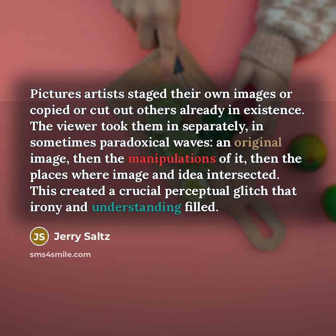 “Pictures artists staged their own images or copied or cut…” quote by Jerry Saltz