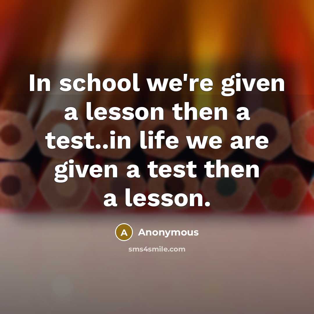 “In school we're given a lesson then a test..in life we are given a test then a lesson.” quote by Anonymous