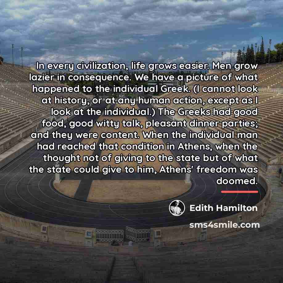 “In every civilization, life grows easier. Men grow lazier in…” quote by Edith Hamilton