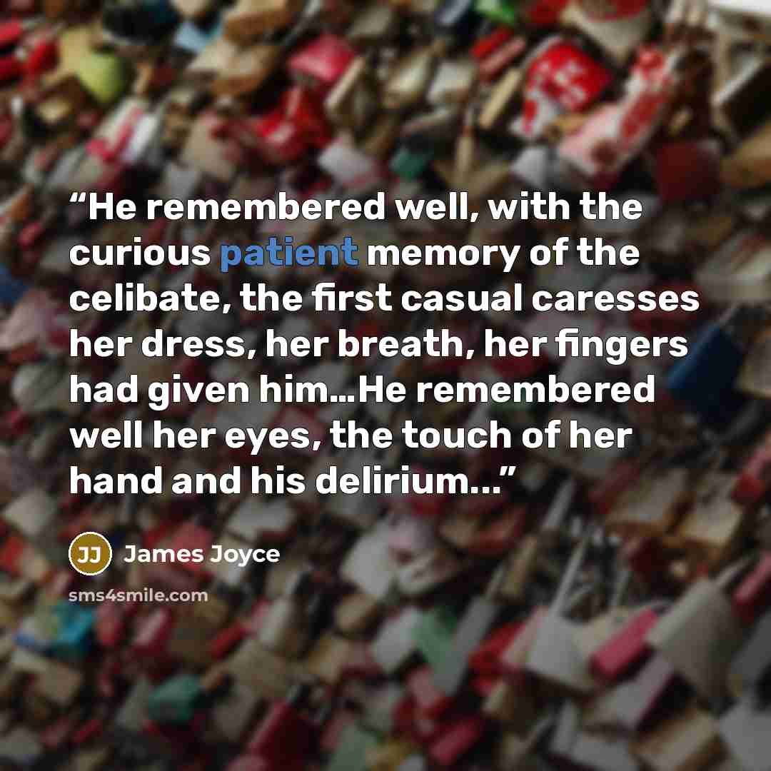 “He remembered well, with the curious patient memory of the celibate, the first casual caresses her dress, her breath, her fingers had given him…He remembered well her eyes, the touch of her hand and his delirium...” quote by James Joyce