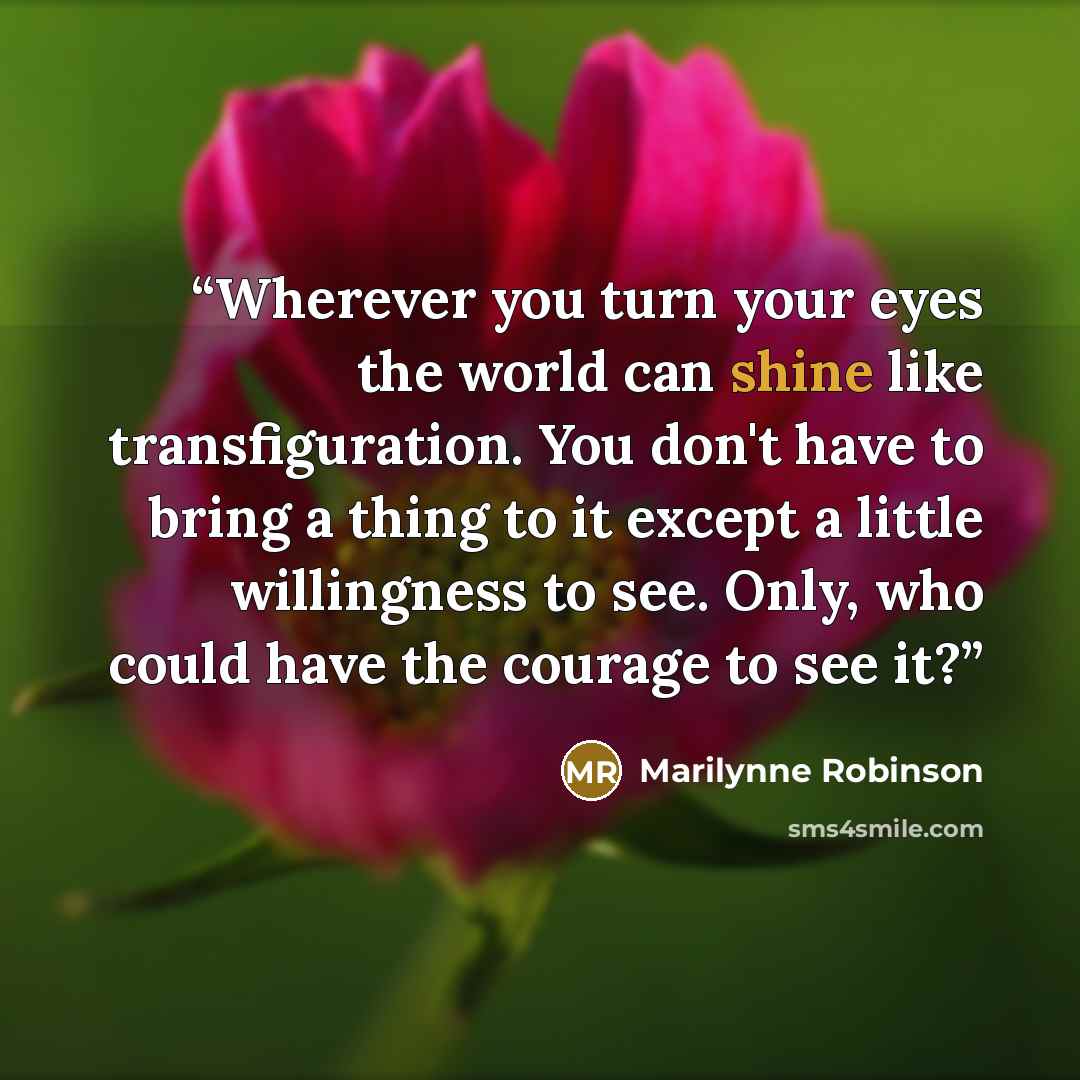 “Wherever you turn your eyes the world can shine like transfiguration. You don't have to bring a thing to it except a little willingness to see. Only, who could have the courage to see it?” quote by Marilynne Robinson