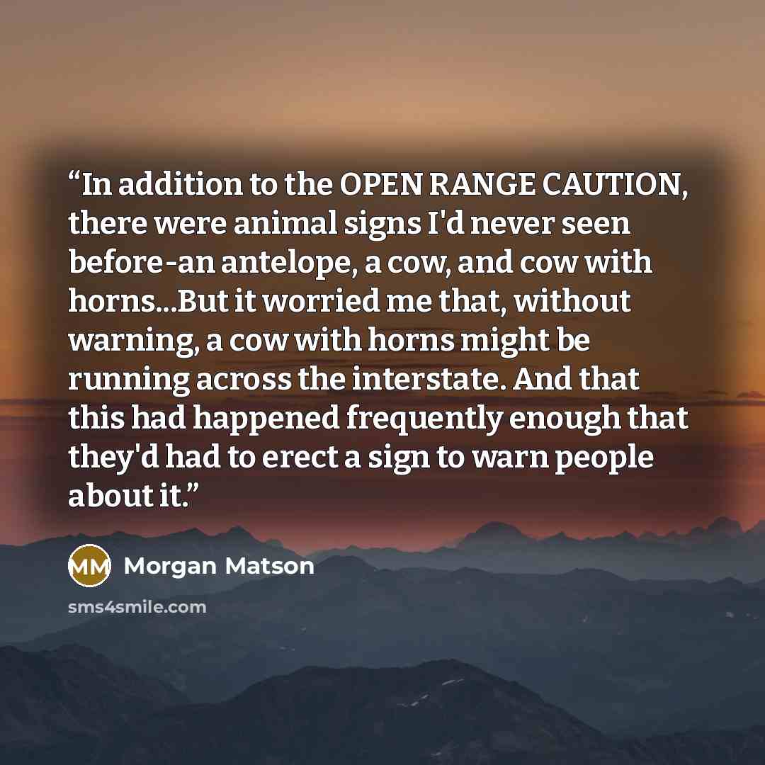 “In addition to the OPEN RANGE CAUTION, there were animal signs I'd never seen before-an antelope, a cow, and cow with horns...But it worried me that, without warning, a cow with horns might be running across the interstate. And that this had happened frequently enough that they'd had to erect a…” quote by Morgan Matson