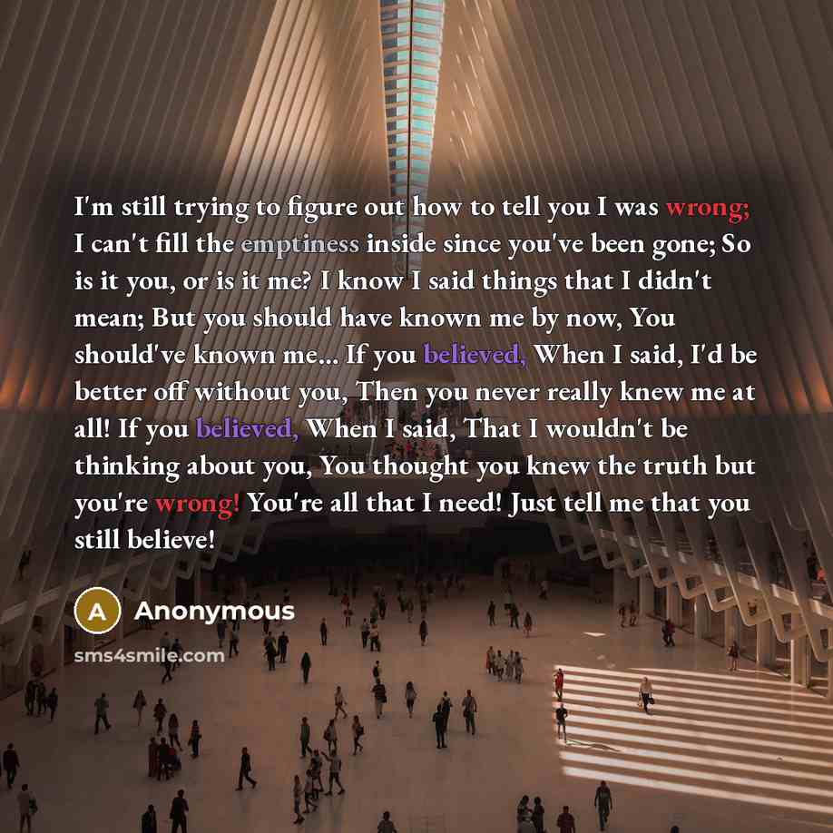 “I'm still trying to figure out how to tell you I was wrong; I can't fill the emptiness inside since you've been gone; So is it you, or is it me? I know I said things that I didn't mean; But you should have known me by now, You should've known me... If you believed, When I said, I'd be better off…” quote by Anonymous