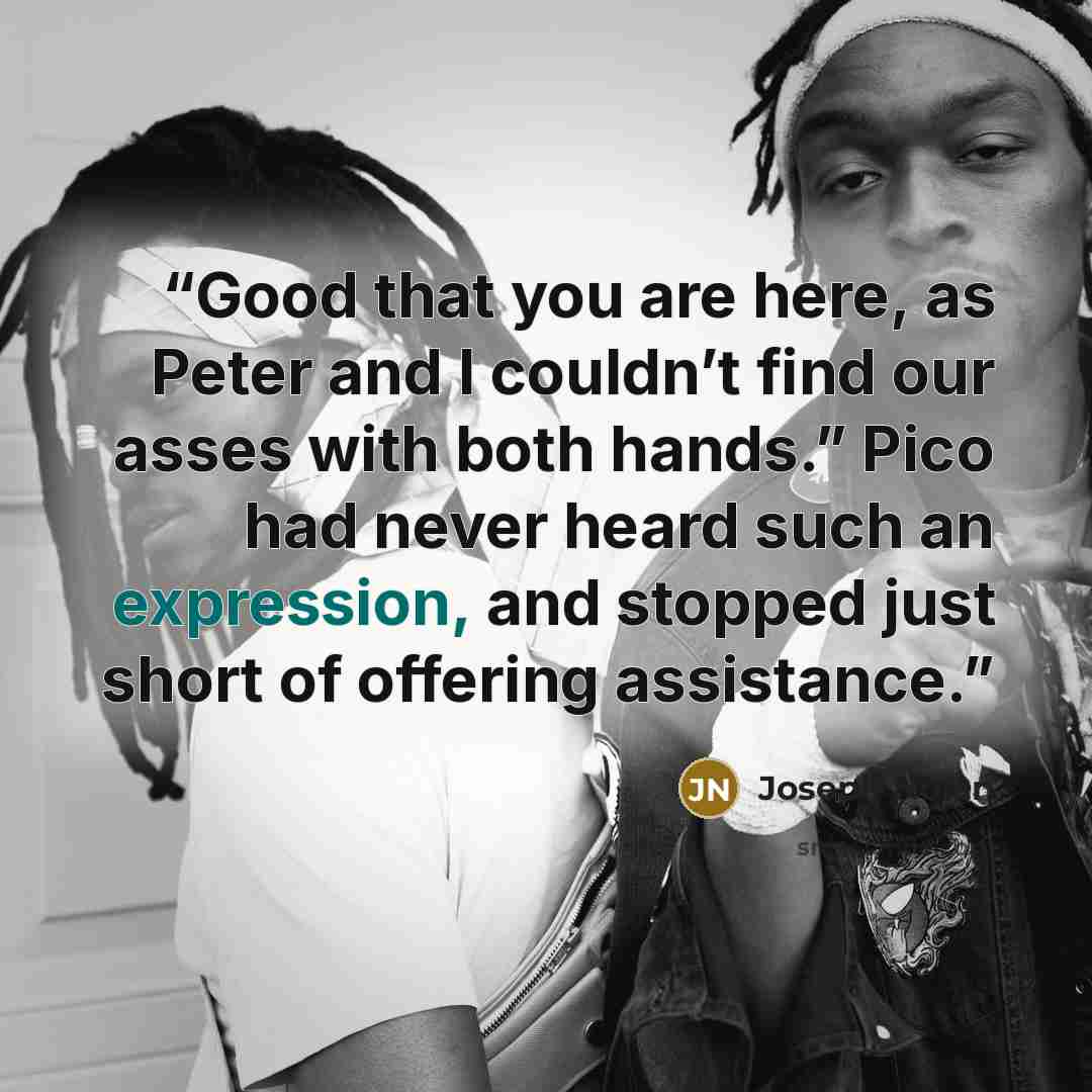 “Good that you are here, as Peter and I couldn’t find our asses with both hands.” Pico had never heard such an expression, and stopped just short of offering assistance.” quote by Joseph Nolan
