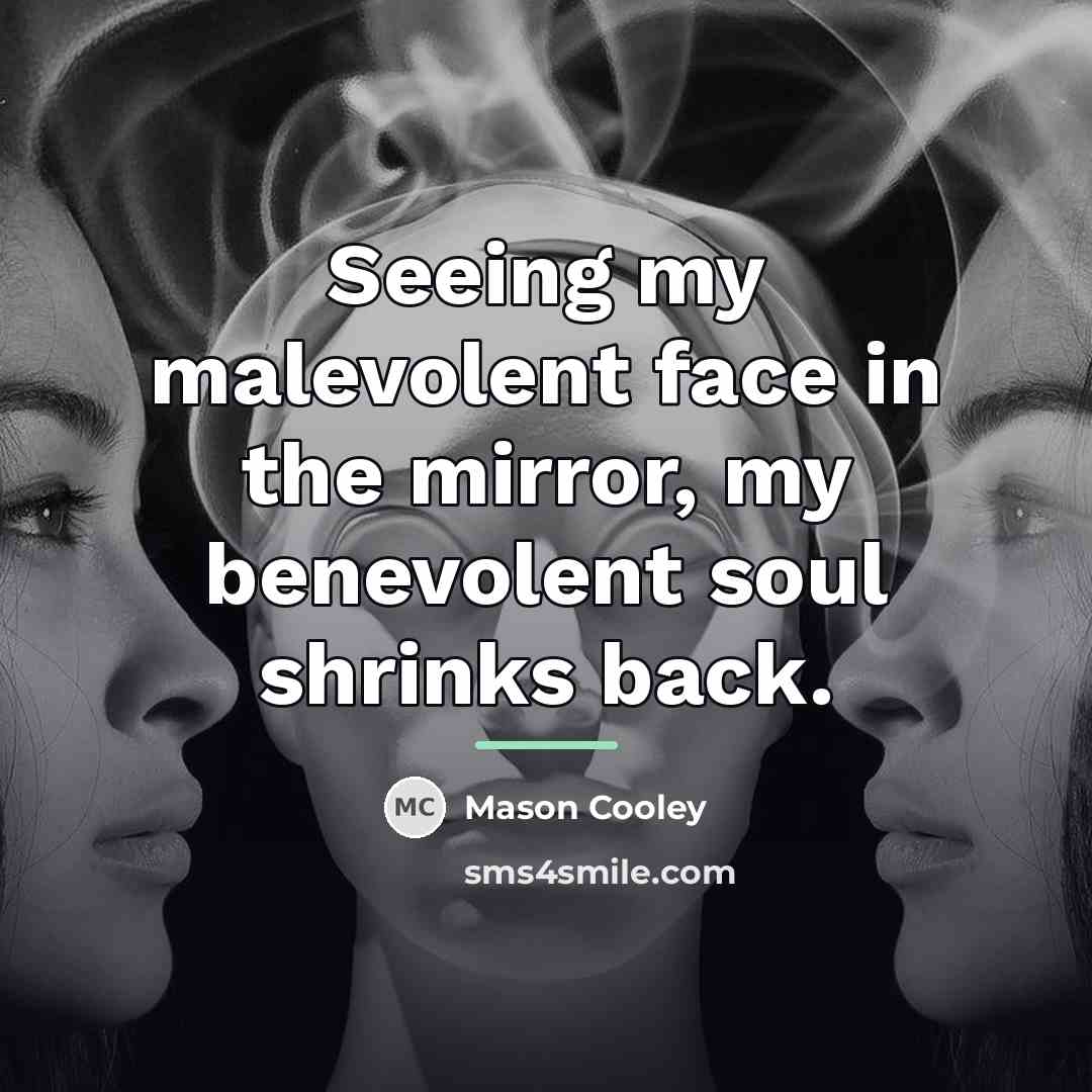 “Seeing my malevolent face in the mirror, my benevolent soul…” quote by Mason Cooley