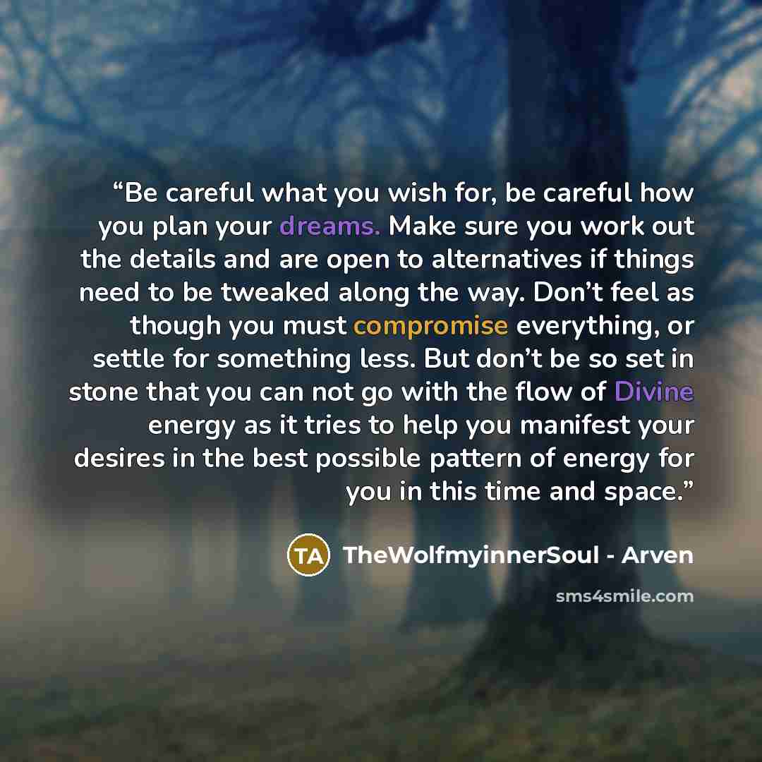 “Be careful what you wish for, be careful how you plan your dreams. Make sure you work out the details and are open to alternatives if things need to be tweaked along the way. Don’t feel as though you must compromise everything, or settle for something less. But don’t be so set in stone that you…” quote by TheWolfmyinnerSoul - Arven