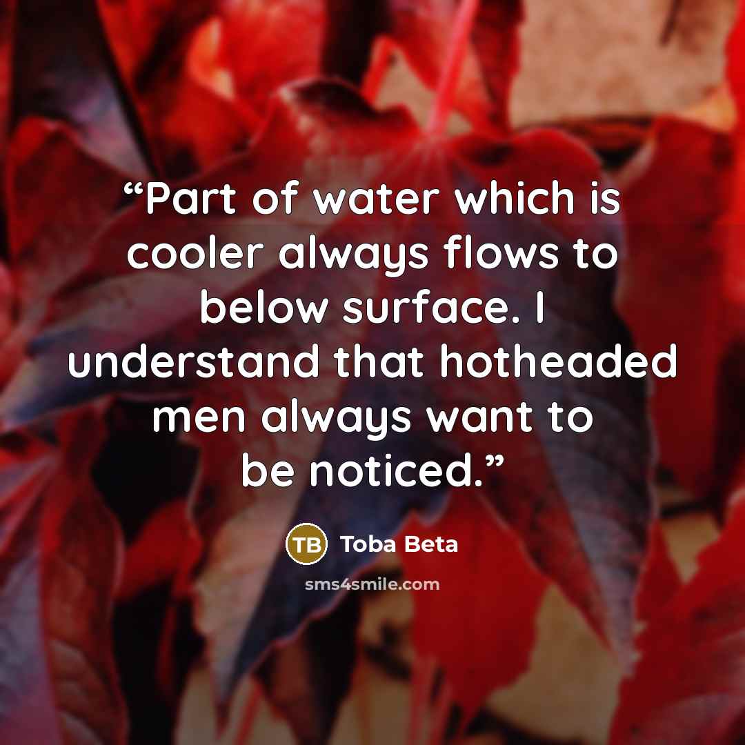 “Part of water which is cooler always flows to below surface. I understand that hotheaded men always want to be noticed.” quote by Toba Beta
