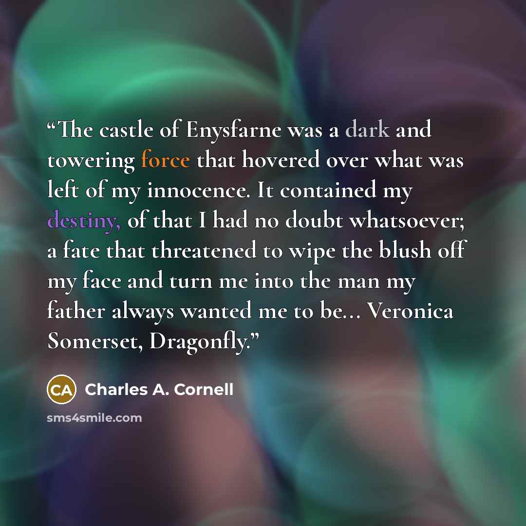 “The castle of Enysfarne was a dark and towering force that hovered over what was left of my innocence. It contained my destiny, of that I had no doubt whatsoever; a fate that threatened to wipe the blush off my face and turn me into the man my father always wanted me to be... Veronica Somerset…” quote by Charles A. Cornell
