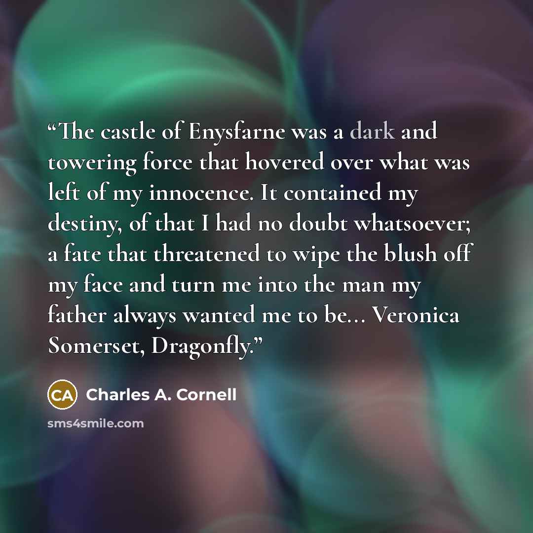“The castle of Enysfarne was a dark and towering force that hovered over what was left of my innocence. It contained my destiny, of that I had no doubt whatsoever; a fate that threatened to wipe the blush off my face and turn me into the man my father always wanted me to be... Veronica Somerset…” quote by Charles A. Cornell