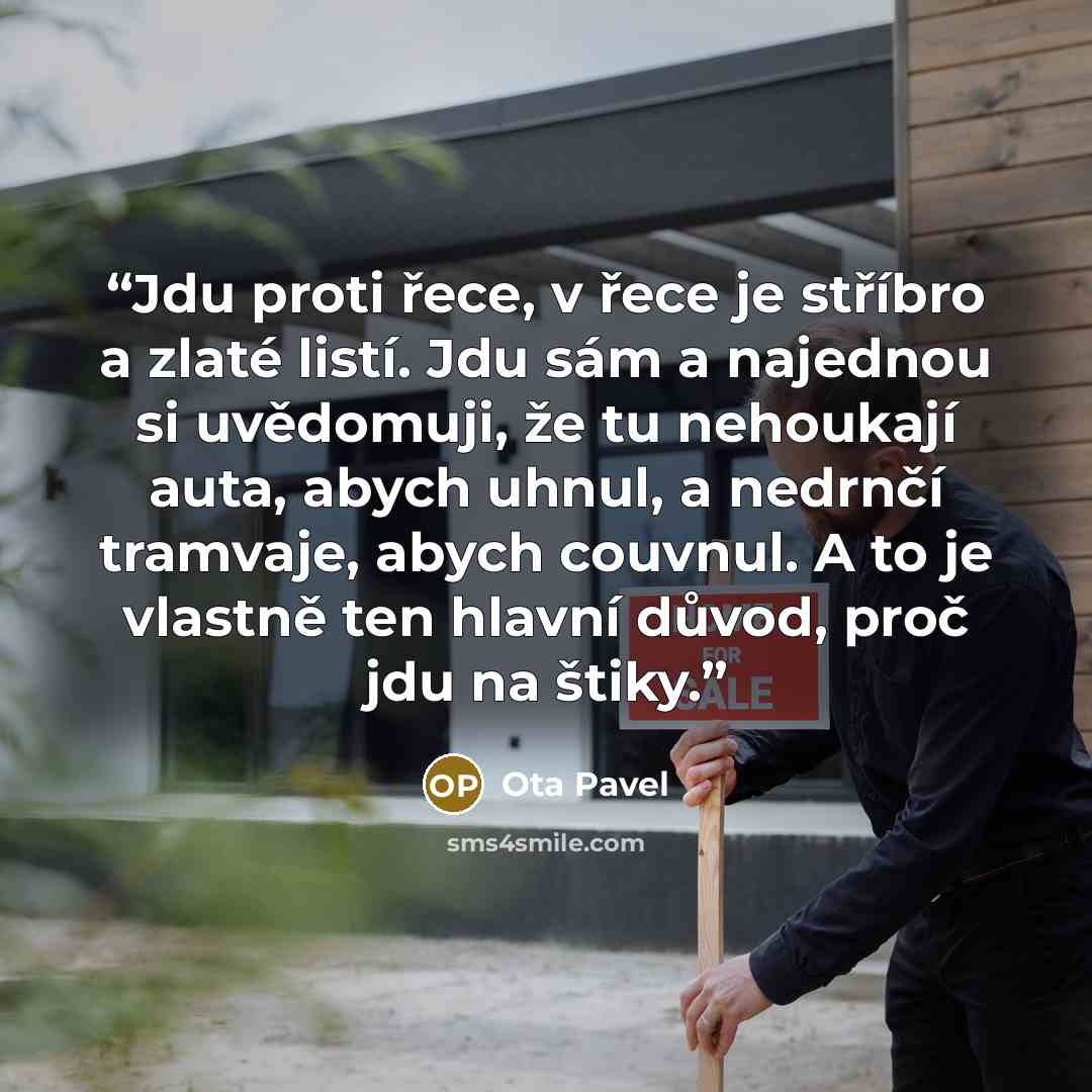 “Jdu proti řece, v řece je stříbro a zlaté listí. Jdu sám a najednou si uvědomuji, že tu nehoukají auta, abych uhnul, a nedrnčí tramvaje, abych couvnul. A to je vlastně ten hlavní důvod, proč jdu na štiky.” quote by Ota Pavel