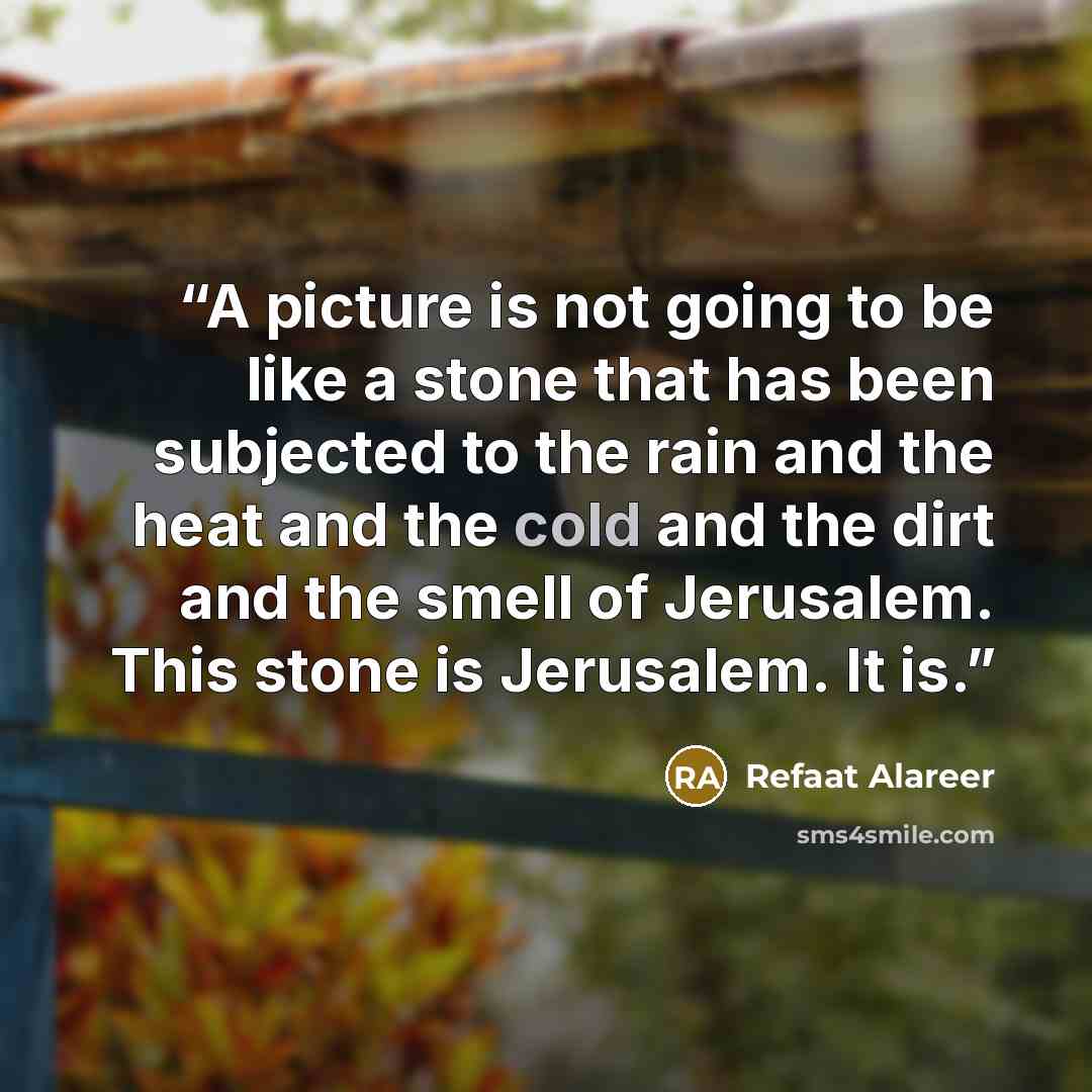 “A picture is not going to be like a stone that has been subjected to the rain and the heat and the cold and the dirt and the smell of Jerusalem. This stone is Jerusalem. It is.” quote by Refaat Alareer