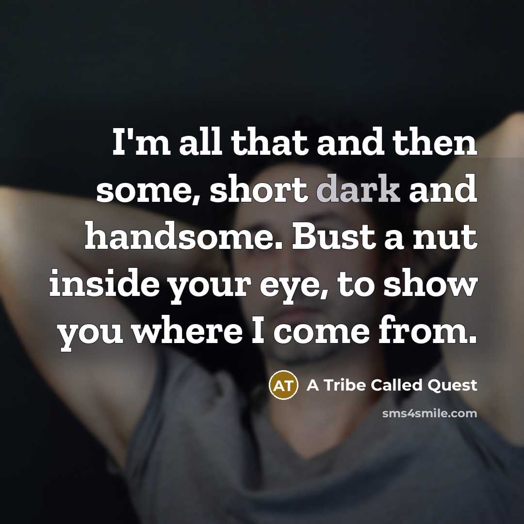 “I'm all that and then some, short dark and handsome. Bust a nut inside your eye, to show you where I come from.” quote by A Tribe Called Quest