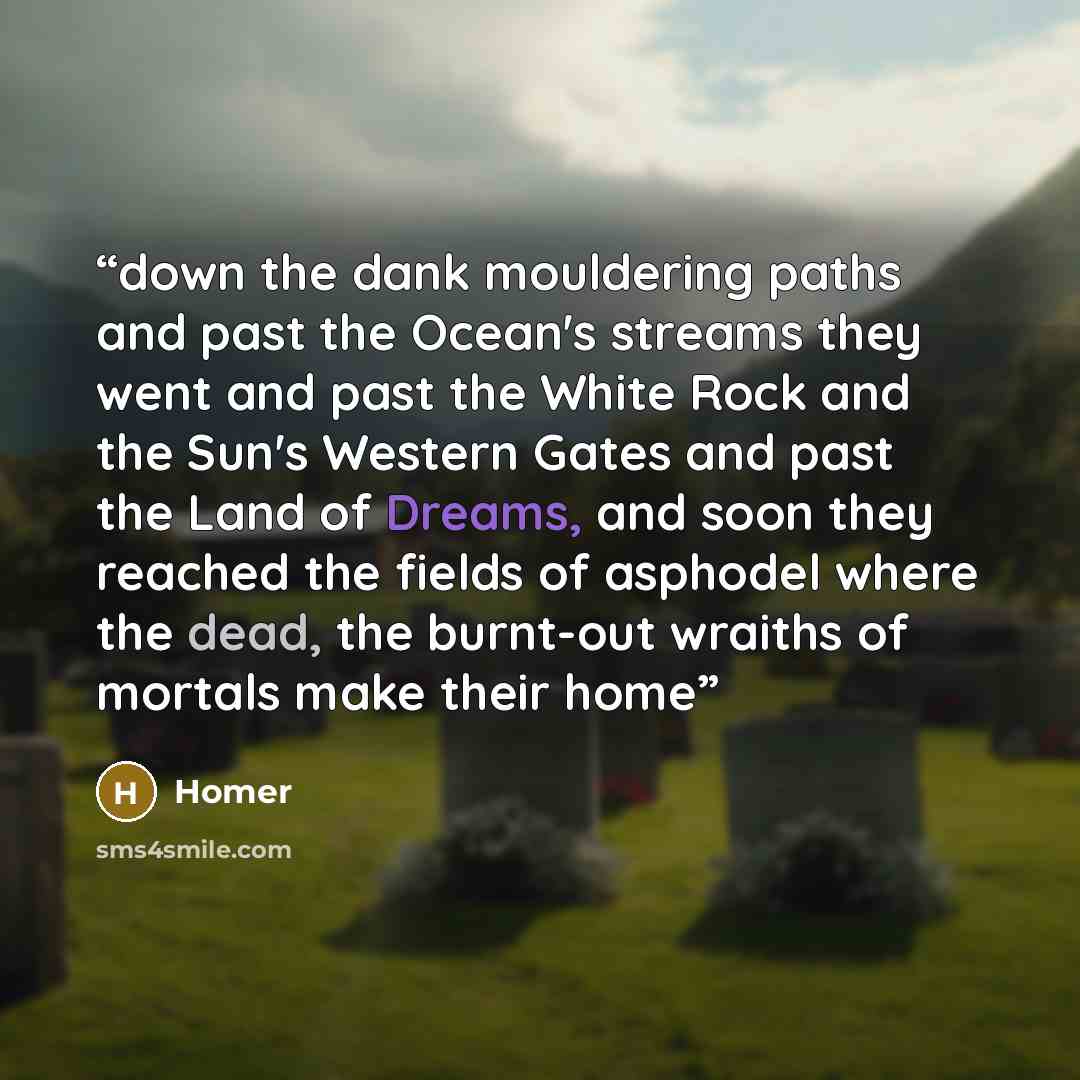 “down the dank mouldering paths and past the Ocean's streams they went and past the White Rock and the Sun's Western Gates and past the Land of Dreams, and soon they reached the fields of asphodel where the dead, the burnt-out wraiths of mortals make their home” quote by Homer
